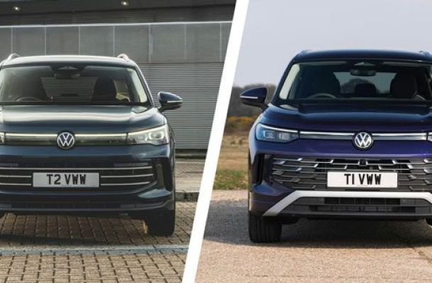 Side-by-side front view of two Volkswagen SUVs: a dark green one (left, "T2 VWW" plate) and a dark blue one (right, "T1 VWW" plate). Shown against industrial (left) and rural (right) backdrops, highlighting design variations.