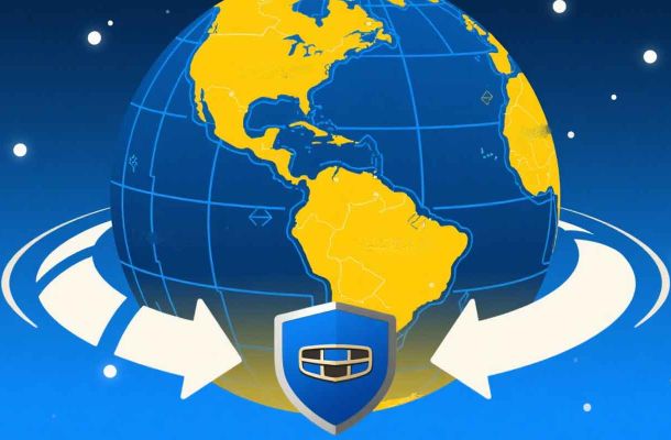 Geely logo shield with arrows circling a globe, symbolizing global reach and protection.