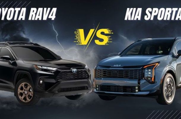 Head-to-head comparison: black Toyota RAV4 (left) vs. gray Kia Sportage (right). Bold "TOYOTA RAV4" and "KIA SPORTAGE" labels top each SUV, with a striking yellow "VS" badge between them against a stormy sky backdrop.