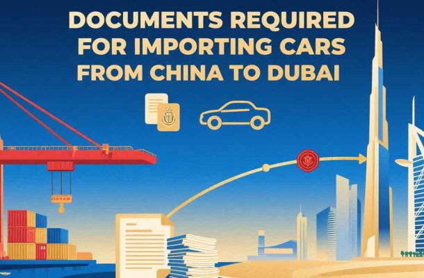 Illustration of documents needed for importing cars from China to Dubai, with port and Dubai landmarks.