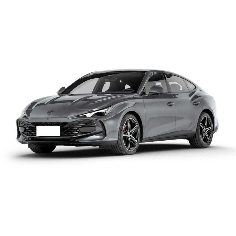 A gray MG sedan with a sleek design, isolated on a white background.