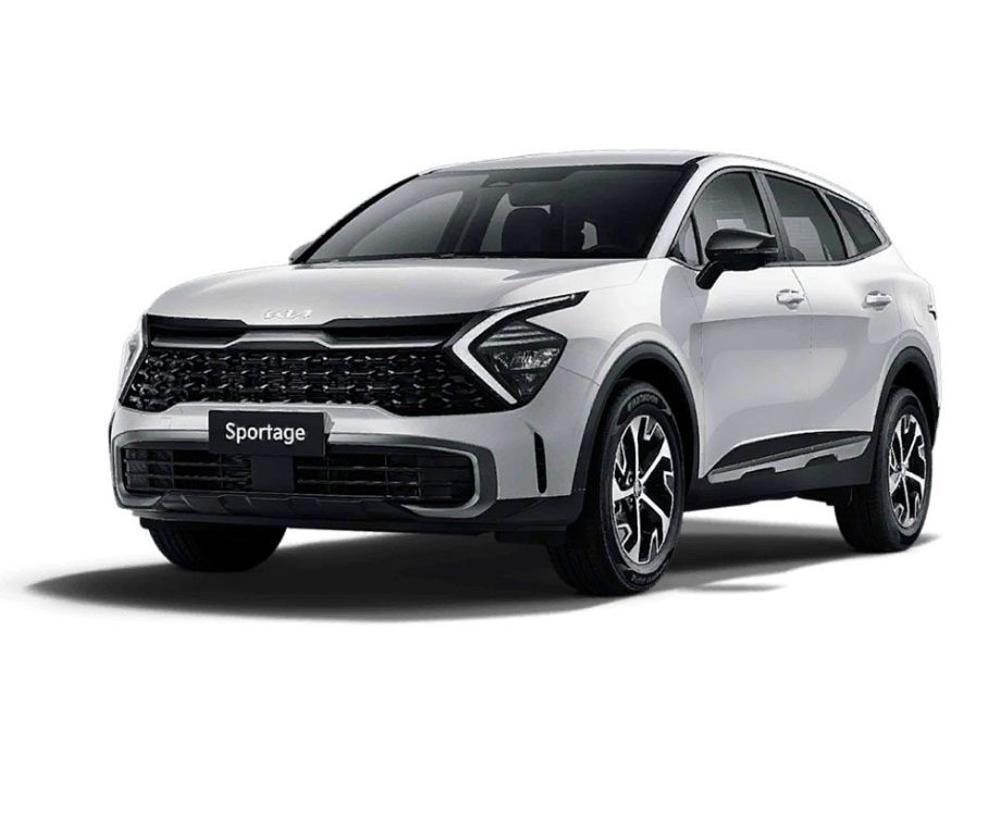 A white Kia Sportage SUV with a modern grille and stylish wheels, shown against a plain white background.