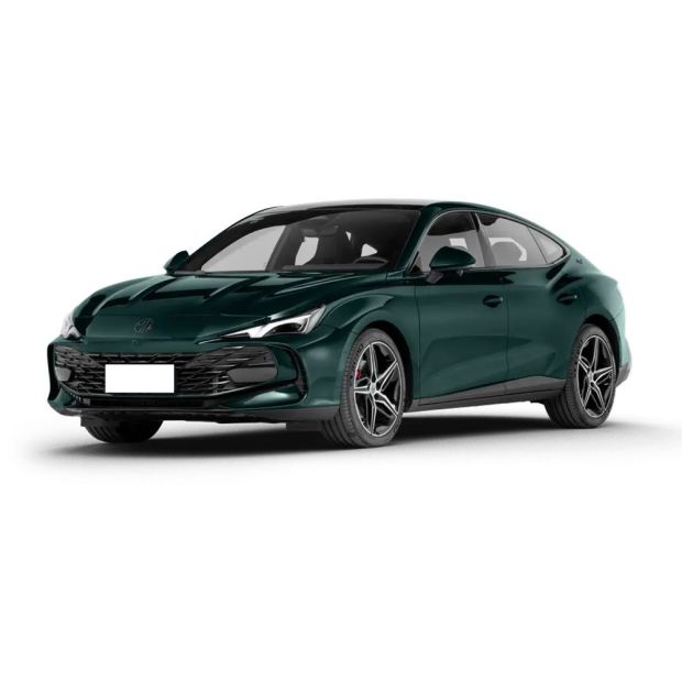 A dark green sedan with a sleek design, isolated on a white background.