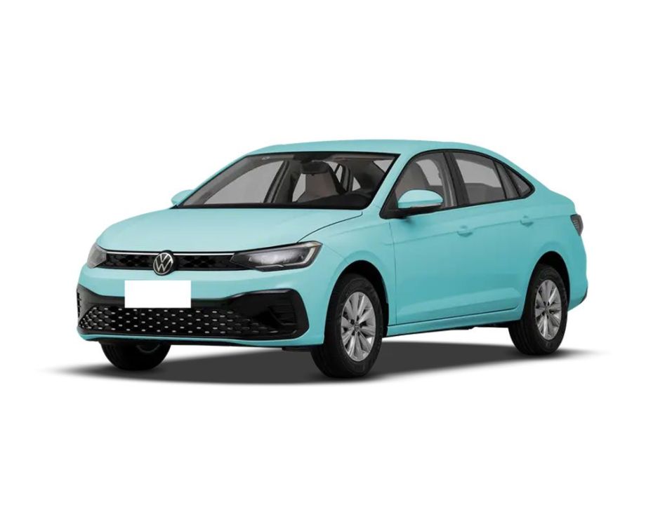 A turquoise Volkswagen sedan.