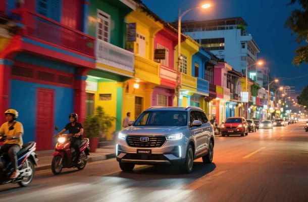 A Geely SUV driving on a colorful street at night.