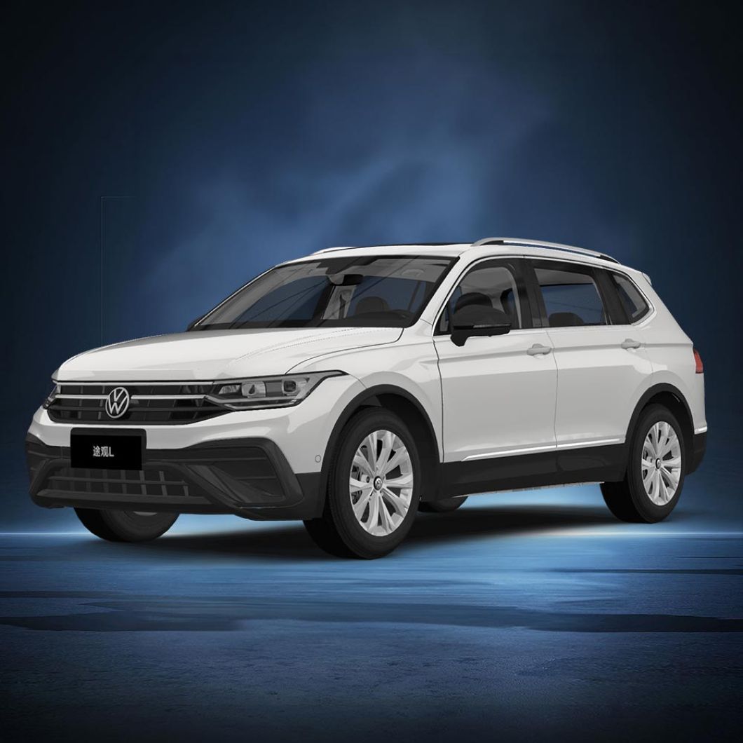 A white Volkswagen Tiguan L SUV showcased against a dark blue background with a sleek, modern design.