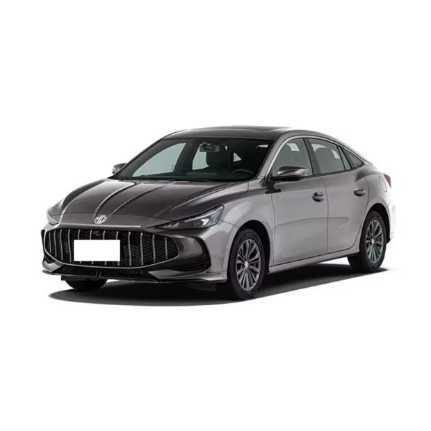 Silver MG sedan with sleek design on white background.