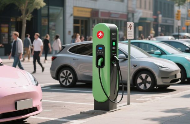 Green electric vehicle charging station on a city street with several EVs parked nearby.