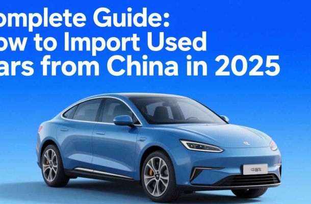 Blue car with text "Complete Guide: How to Import Used Cars from China in 2025" on blue background.