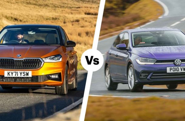 A comparison image of an orange Skoda (KY71 YSW) and a purple Volkswagen (PO10 VWW) driving on roads, with a "Vs" divider, highlighting a head-to-head car model comparison.