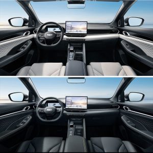 Geely Binyue L 2025 1.5TD DCT Star Glory Edition interior Comparison of two car interior layouts with large central screens and different seat colors.
