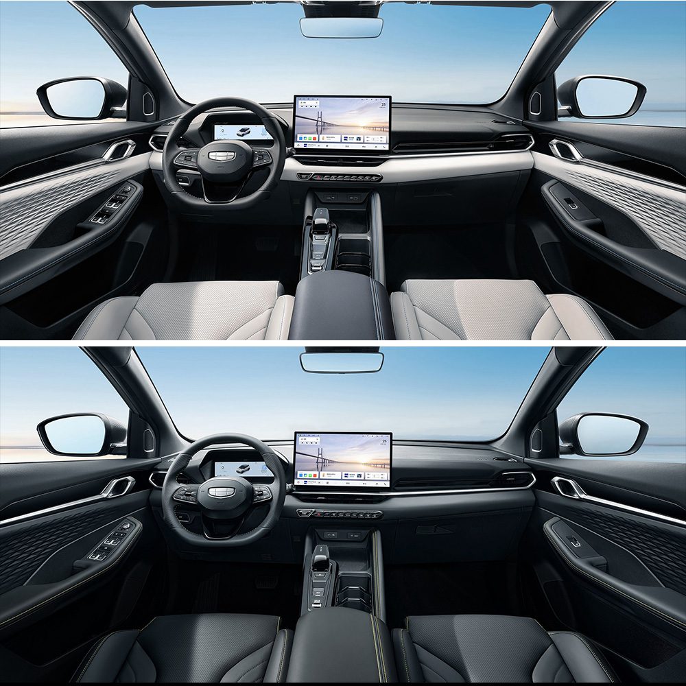 Geely Binyue L 2025 1.5TD DCT Star Glory Edition interior Comparison of two car interior layouts with large central screens and different seat colors.