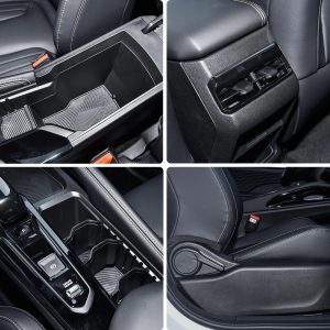 Geely Binyue L 2025 1.5TD DCT Star Glory Edition storage space Close - ups of a car's interior details: storage compartments, air vent, control panel, and seat adjustment.