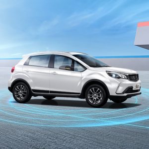 Geely Livan X3 Pro 2024 1.5L CVT XiaoSa Intelligent Driving A white SUV with blue sensor - like rings around it, shown on a road under a clear sky.