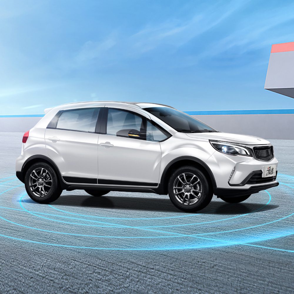 Geely Livan X3 Pro 2024 1.5L CVT XiaoSa Intelligent Driving A white SUV with blue sensor - like rings around it, shown on a road under a clear sky.
