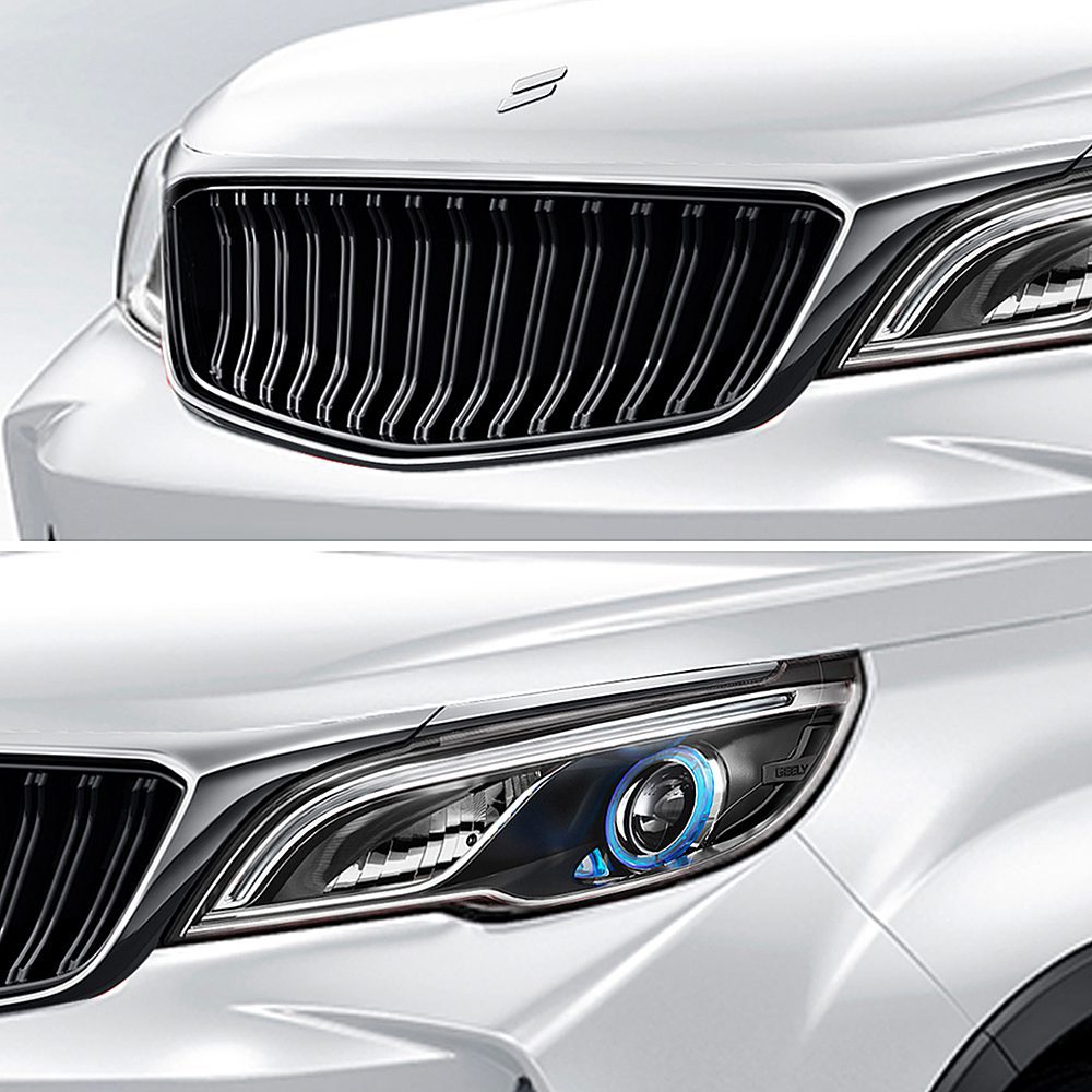 Geely Livan X3 Pro 2024 1.5L CVT XiaoSa front face Close - ups of a car's front grille and headlight with blue accent.