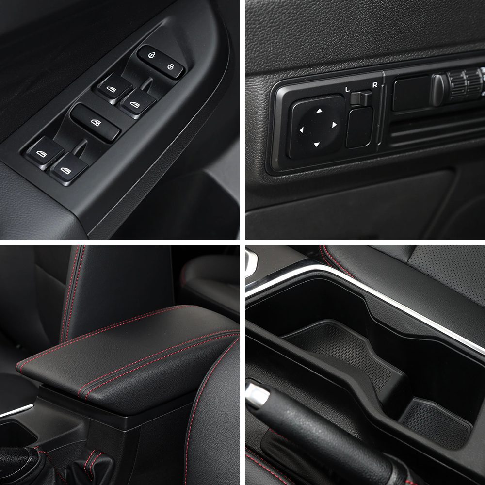 Geely Livan X3 Pro 2024 1.5L CVT XiaoSa functional area Close - ups of a car's interior details: window controls, mirror adjustment, armrest with red stitching, and storage compartment.