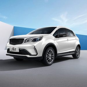 Geely Livan X3 Pro 2024 1.5L CVT XiaoSa pure white profile A white SUV with a sleek design, parked against a backdrop of blue and white geometric shapes under a clear sky.