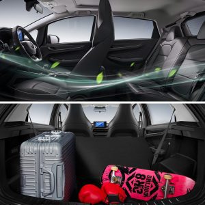 Geely Livan X3 Pro 2024 1.5L CVT XiaoSa space Two images of a car: the top shows the interior with airflow visualization, and the bottom displays the trunk loaded with a suitcase, boxing gloves, and a skateboard.