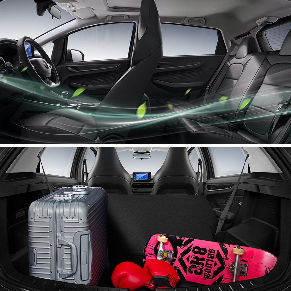 Geely Livan X3 Pro 2024 1.5L CVT XiaoSa space Two images of a car: the top shows the interior with airflow visualization, and the bottom displays the trunk loaded with a suitcase, boxing gloves, and a skateboard.