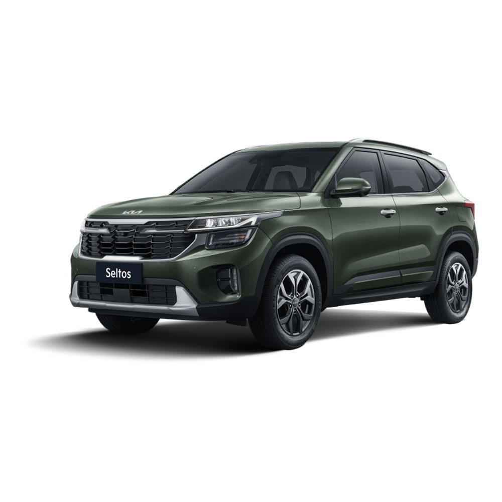 KIA Seltos 2023 1.5L CVT Premium Edition Olive Green A dark green Kia Seltos SUV.
