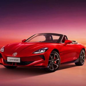 MG Cyberster 2024 501km Glamour Heart Edition Front Three-Quarter A red MG Cyberster convertible sports car.