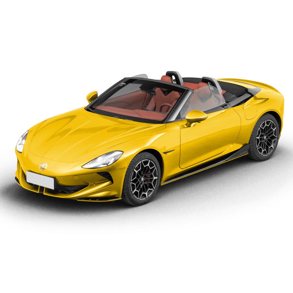 A yellow MG convertible sports car.
