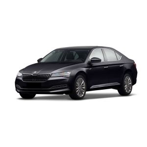 A black Škoda sedan car.