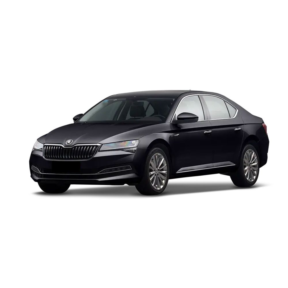 A black Škoda sedan car.