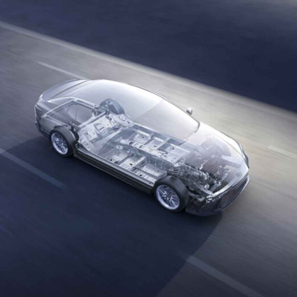 A transparent view of a car's internal structure while driving on the road.