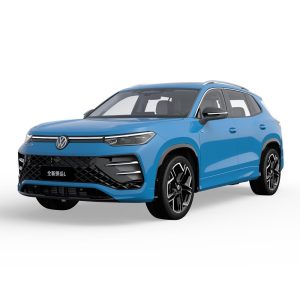 VW-All-New-Tayron-L-2025-300TSI-2WD-Elite-Blue A blue Volkswagen Tayron L SUV presented against a white background.