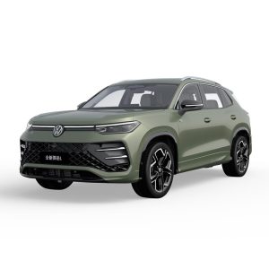 VW-All-New-Tayron-L-2025-300TSI-2WD-Elite-Cyan A green Volkswagen Tayron L SUV displayed against a white background.