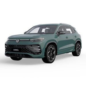 VW-All-New-Tayron-L-2025-300TSI-2WD-Elite-Green A green Volkswagen Tayron L SUV presented against a white background.