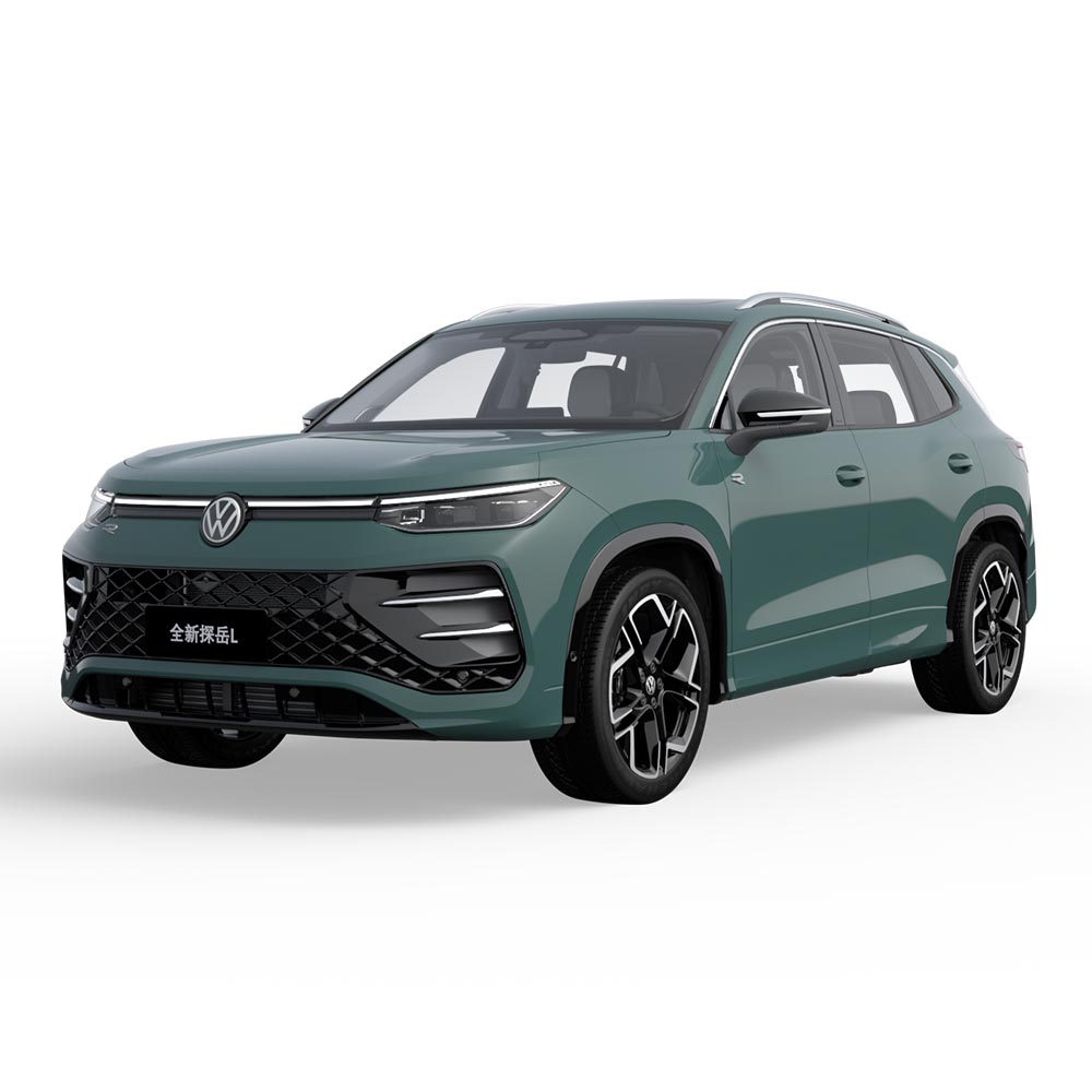 VW-All-New-Tayron-L-2025-300TSI-2WD-Elite-Green A green Volkswagen Tayron L SUV presented against a white background.