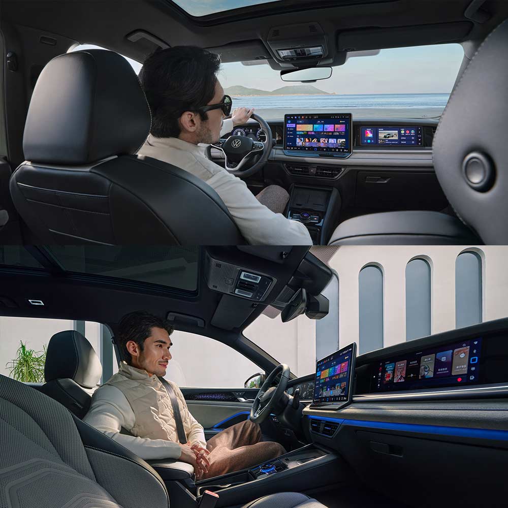 VW-All-New-Tayron-L-2025-300TSI-2WD-Elite-Main-Driver-Space Interior of a Volkswagen car with advanced infotainment screens, shown in two scenarios with people inside.