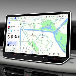 VW-All-New-Tayron-L-2025-300TSI-2WD-Elite-central-dashboard Car infotainment screen displaying navigation map, music, and climate control interface.