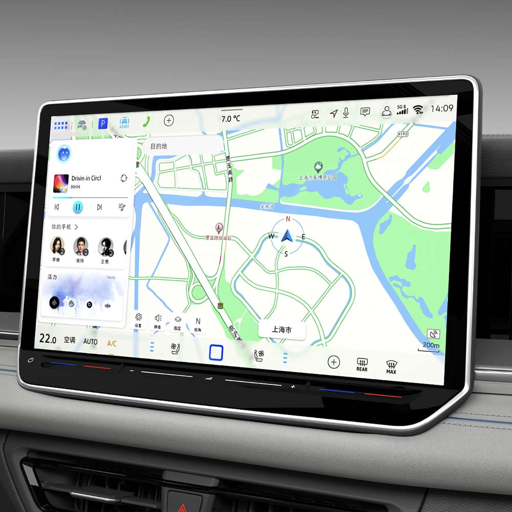 VW-All-New-Tayron-L-2025-300TSI-2WD-Elite-central-dashboard Car infotainment screen displaying navigation map, music, and climate control interface.