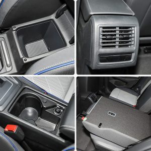 Four close - up views of a car's interior storage and ventilation features.