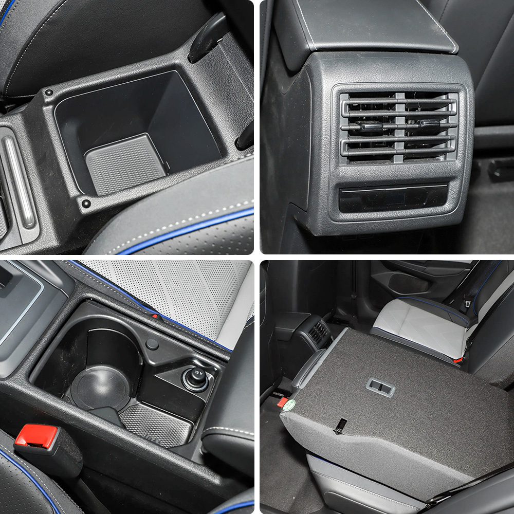 Four close - up views of a car's interior storage and ventilation features.