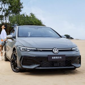 A gray Volkswagen Golf parked on sandy ground with a person standing beside it.