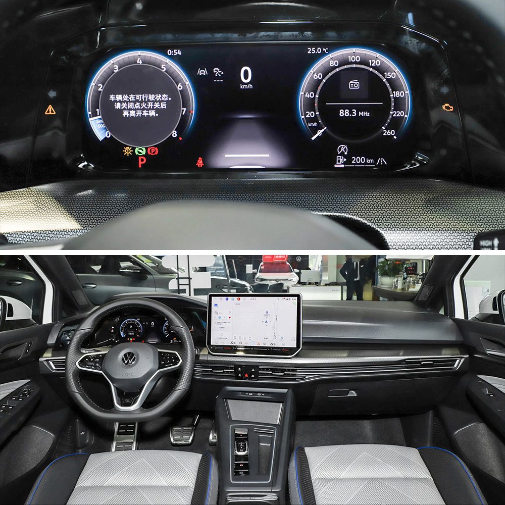 Interior of a Volkswagen car, showing the dashboard and central control screen.