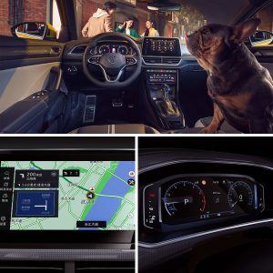 Rear view of a yellow Volkswagen T-ROC with a person walking beside it.