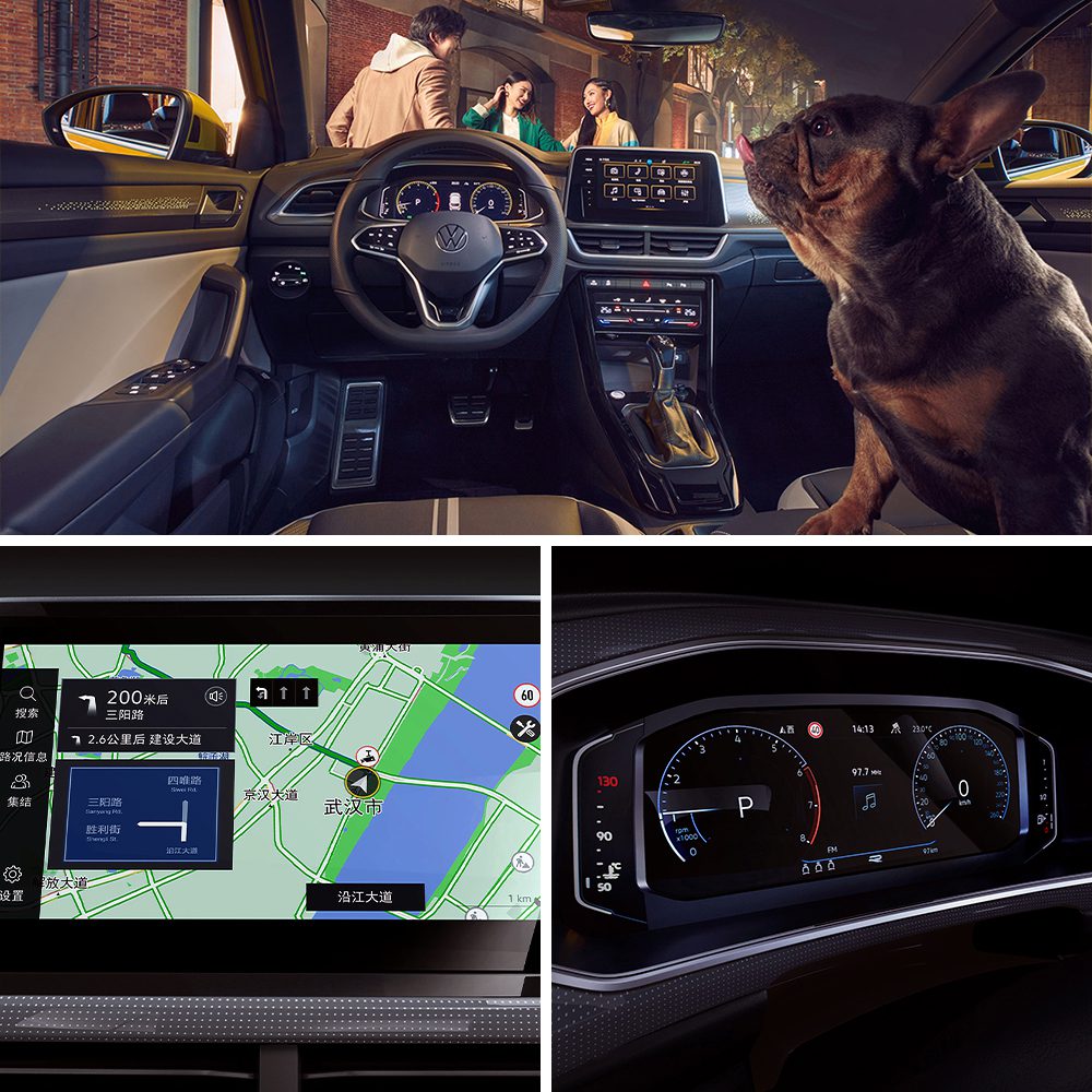 Rear view of a yellow Volkswagen T-ROC with a person walking beside it.