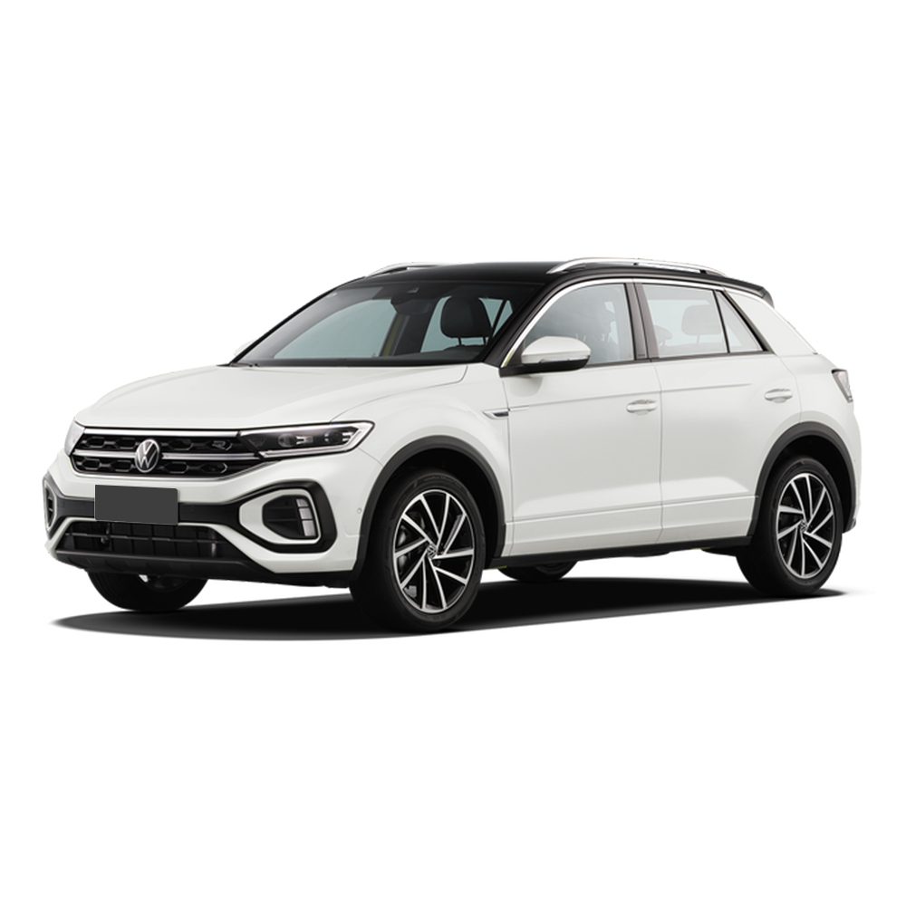 A white Volkswagen SUV with a black roof.