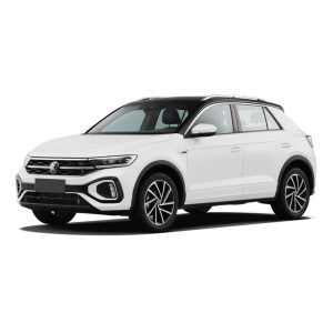 A white Volkswagen SUV with a black roof.