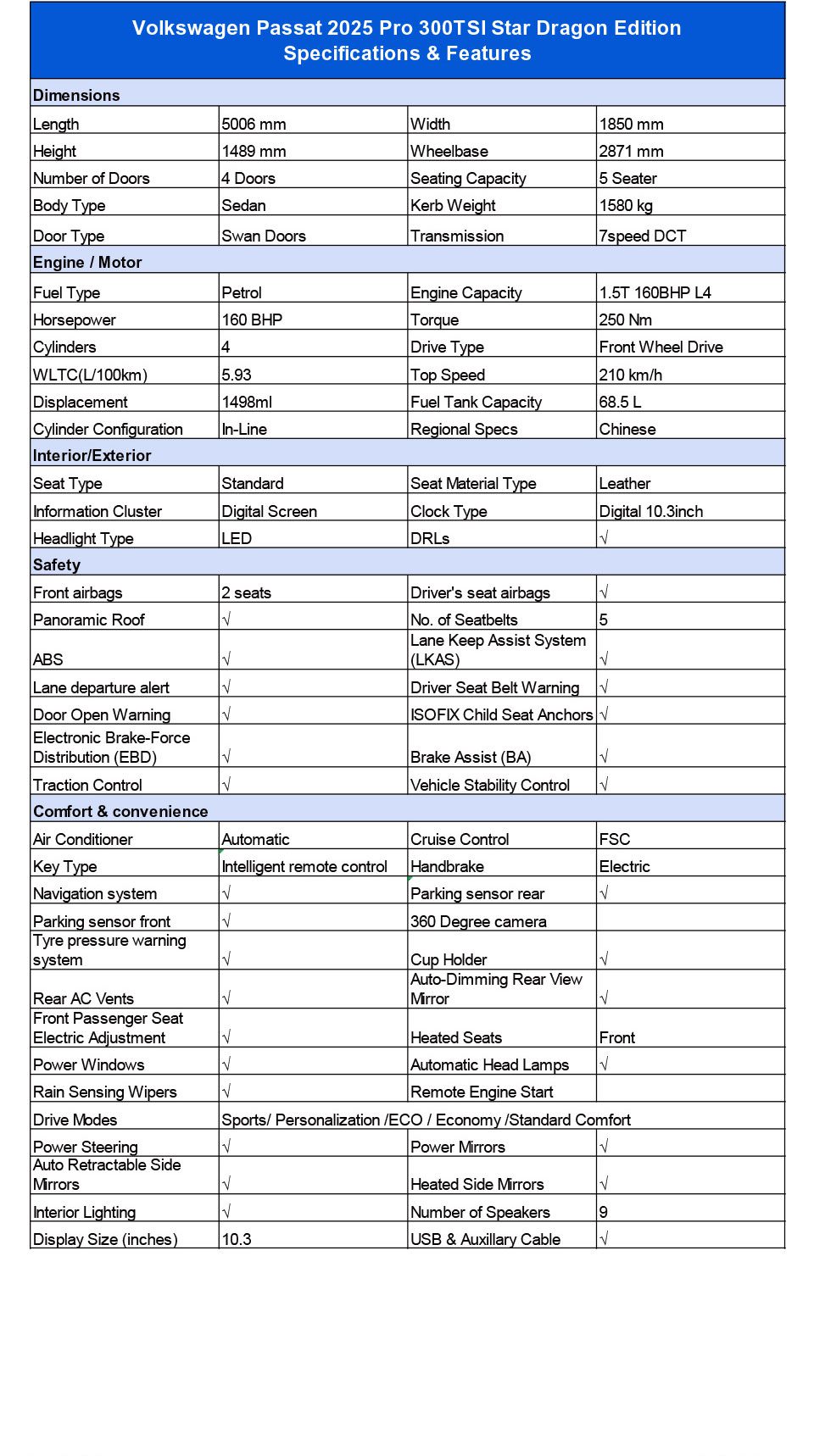 Volkswagen Passat Pro 2025 300TSI Longyao Edition Co-pilot Entertainment Specifications & Features