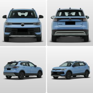 Four - view collage of a light blue Volkswagen Tharu SUV, showing front, rear, side - rear, and side - front angles.