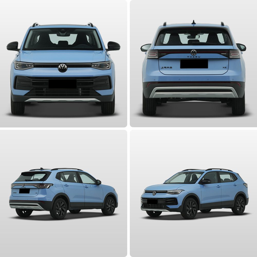 Four - view collage of a light blue Volkswagen Tharu SUV, showing front, rear, side - rear, and side - front angles.