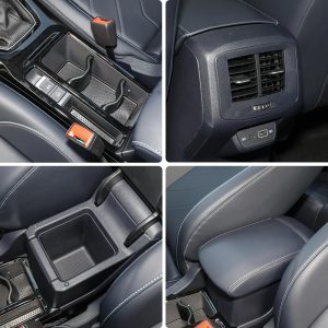 Collage of a car's interior details, including the center console, rear air vents with USB ports, storage compartments, and seat design.