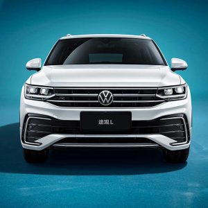 Volkswagen Tiguan L 2024 Front Elevation Front view of a white Volkswagen Tiguan L against a blue background.